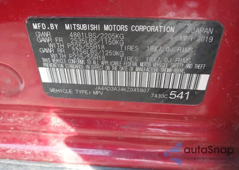 2019 Mitsubishi Outlander Se z USA, uszkodzony, nr VIN JA4AD3A34KZ045907